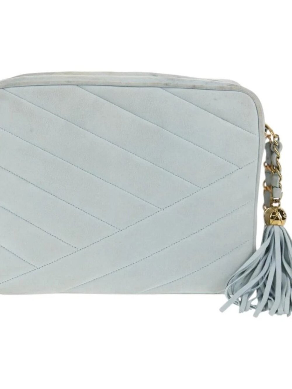 CHANEL Bias Stitch Chain Shoulder Bag Suede Light Blue Gold CC Auth 139935V - Picture 2 of 15